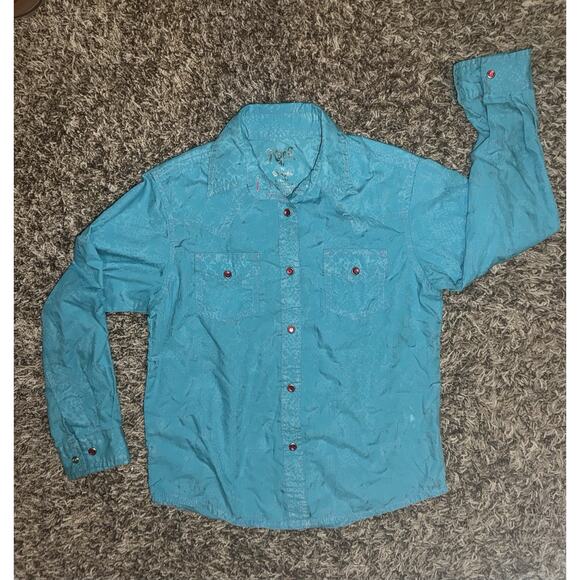 Girls Wranglers Button Up Teal Turquoise Long Sleeved Shirt. ￼ Size Medium. 10 - Picture 1 of 9